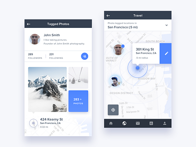 Photo Tagged Location Search app followers location photo editing photo sharing profile san francisco sketch travel ui kit