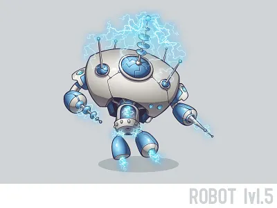 Robot lvl.5 character electricity game glass lightning plastic robot steel vector