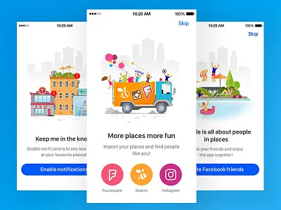 Onboarding illustration for Huggle baloon car character city colors fresh fun party pool screen social truck