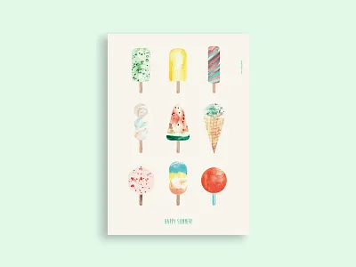 Icecream print aquarelle artprint handdrawn ice icecream illustration mint pastell poster summer waffel watermelon