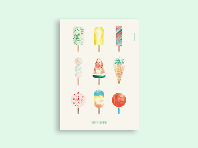 Icecream print aquarelle artprint handdrawn ice icecream illustration mint pastell poster summer waffel watermelon