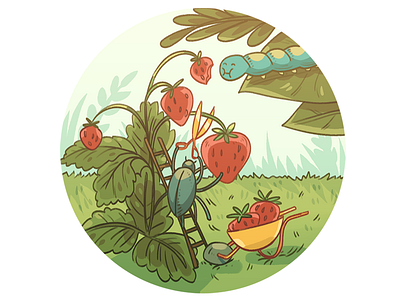 Strawberry time berries bumblebee caterpillar drawing garden green illustration strawberry summer sunlight work