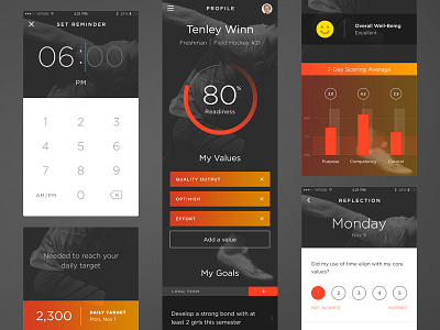 Actus Layout alarm app branding chart clock dark gradient graph ios mobile profile ui