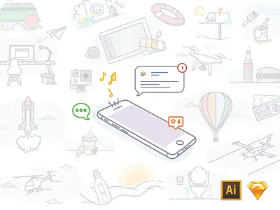 30 Line Illustrations airplane coffee copter drone gopro iphone mailbox meal rocket wacom wallet workspace