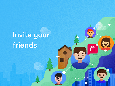 Invite Friends Illustration cartoon face friends gift house illustration mountain profile share trees udhaya user