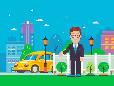 Agent buildings businessman car caracter fence flat grass house illustration man suit