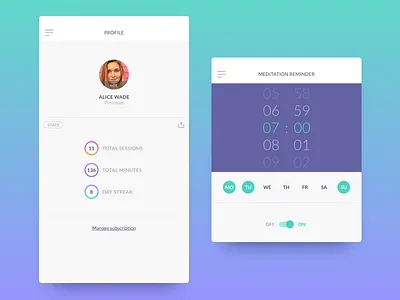 Profile alarm app clock meditation profile reminder stats ui ux