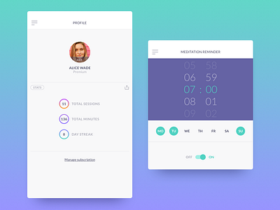 Profile alarm app clock meditation profile reminder stats ui ux