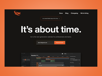 Ion - Calendar Landing Page access calendar call to action dark mode design header section landing page product headline professionals project management request form showcase teams ui user experience ux uxui web design web ui web ux