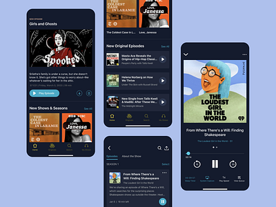 Podcast Streaming App app app design audio controller dark mode episode display episodes navigation bar playback playback control player screen podcast screaming series navigator settings show seasons ui ui design user interface uxui