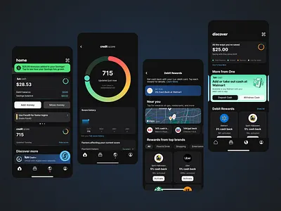 Finance Management App bonus card balance card details cash credit reports credit score debit balance deposit design financial summary graph home screen mobile app rewards screen score history ui ui design ux ux design withdrawal