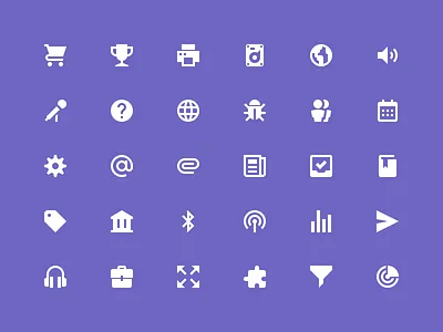 Zondicons bug cart cog date harddrive headphones icons purple tag trophy volume