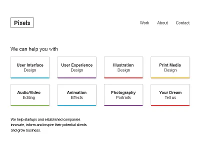 Pixels - Creative Agency Landing Page animation audio creative agency dream illustration photography pixels print media startup ui ux video