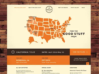 Mobile Tour Location Page brown dog food dogs good stuff locations map microsite mobile mobile truck orange treats website