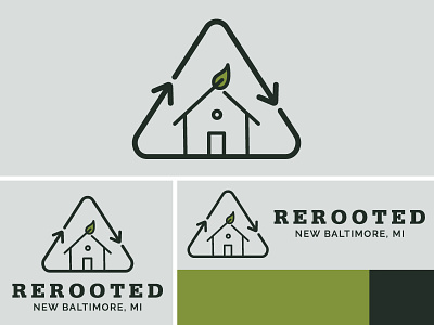 Rerooted branding green house icon logo mark recycle wood