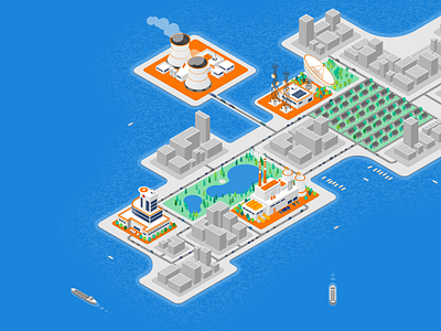 Isometric Peninsula city communication dish hospital isometric limited color manufacturing plant nuclear power plant satellite