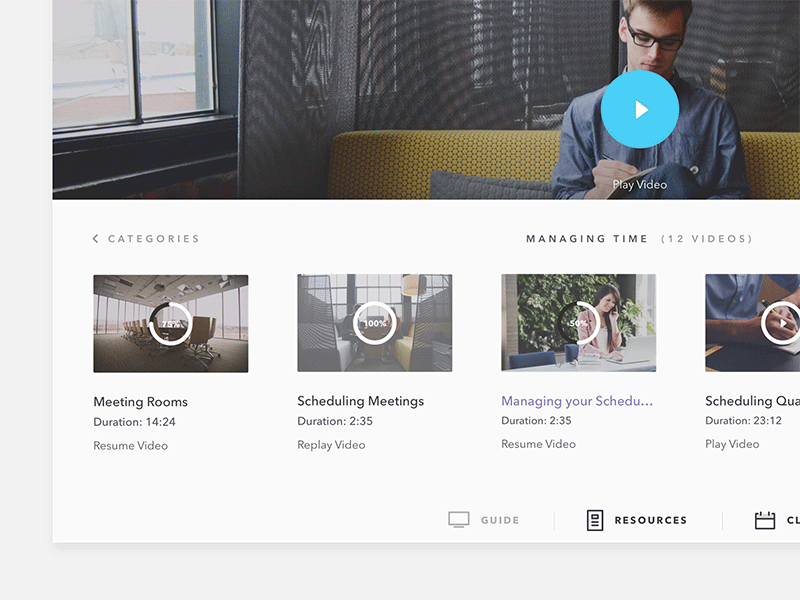 Video Guide employee flat gallery guide mobile navigation playlist tabs tool training ui video