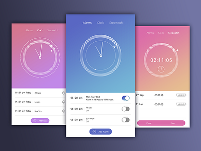 Clock Mobile App alarm app apple clean clock color flat ios minimal simple stopwatch ui