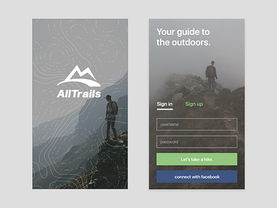 AllTrails App Redesign adventure app log in minimal mobile nature redesign sign in splash screen travel ui user friendly