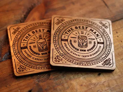 Groomsmen Coasters beer coasters etching iconography illustration laser etched lines tuxedo wedding wood