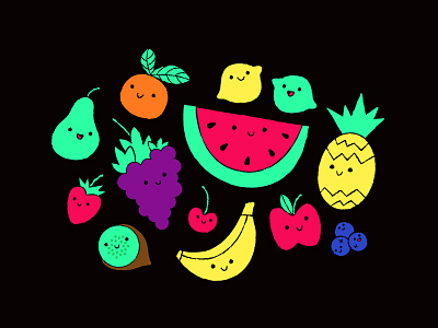 Cute Fruit banana cherry cute fruit illustration kiwi lemon orange pineapple strawberry texture watermelon