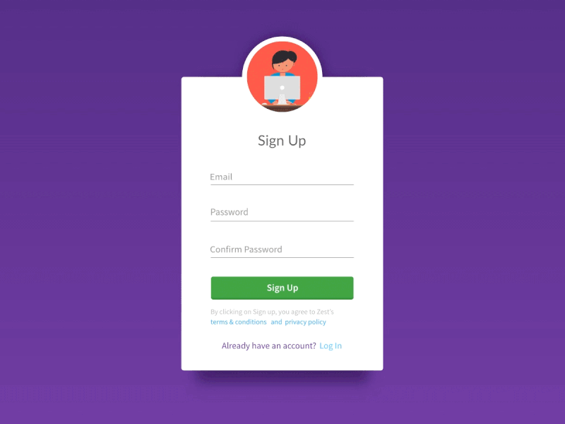 Sign up form animation animation form gif log in login register sign up signup typing ui card zest zestmoney