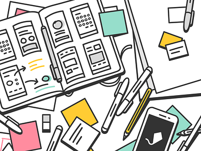 A good mess desk illustration markers outline paper phone post it sketch stroke ui ux wireframes