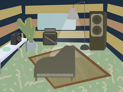 Studio amplifiers amps color light memphis music piano plant window