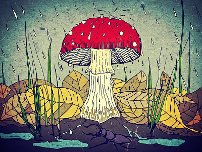 Nature's Umbrella autumn death cap fungi illustration leaves mixed media mushroom nature rain stag beetle toadstool woodland