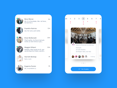 Direct Message & Event Calendar app calendar card event list message page ui