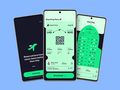 Flight Booking & Boarding Pass UI airline ticket airport navigation boarding pass booking system flight booking flight management futuristic ui interactive map minimalist design mobile ui responsive design seat selection ticket scanner travel app travel experience ui design user friendly ux ux design ux ui