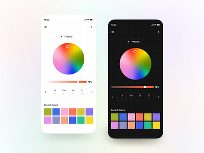 Color Wheel Mobile Design Light and Dark Themes alfa color color picker color wheel concept freelance hue lightness mobile app mobile design picker prototype responsive saturation transparency ui uiux user interface ux wheel