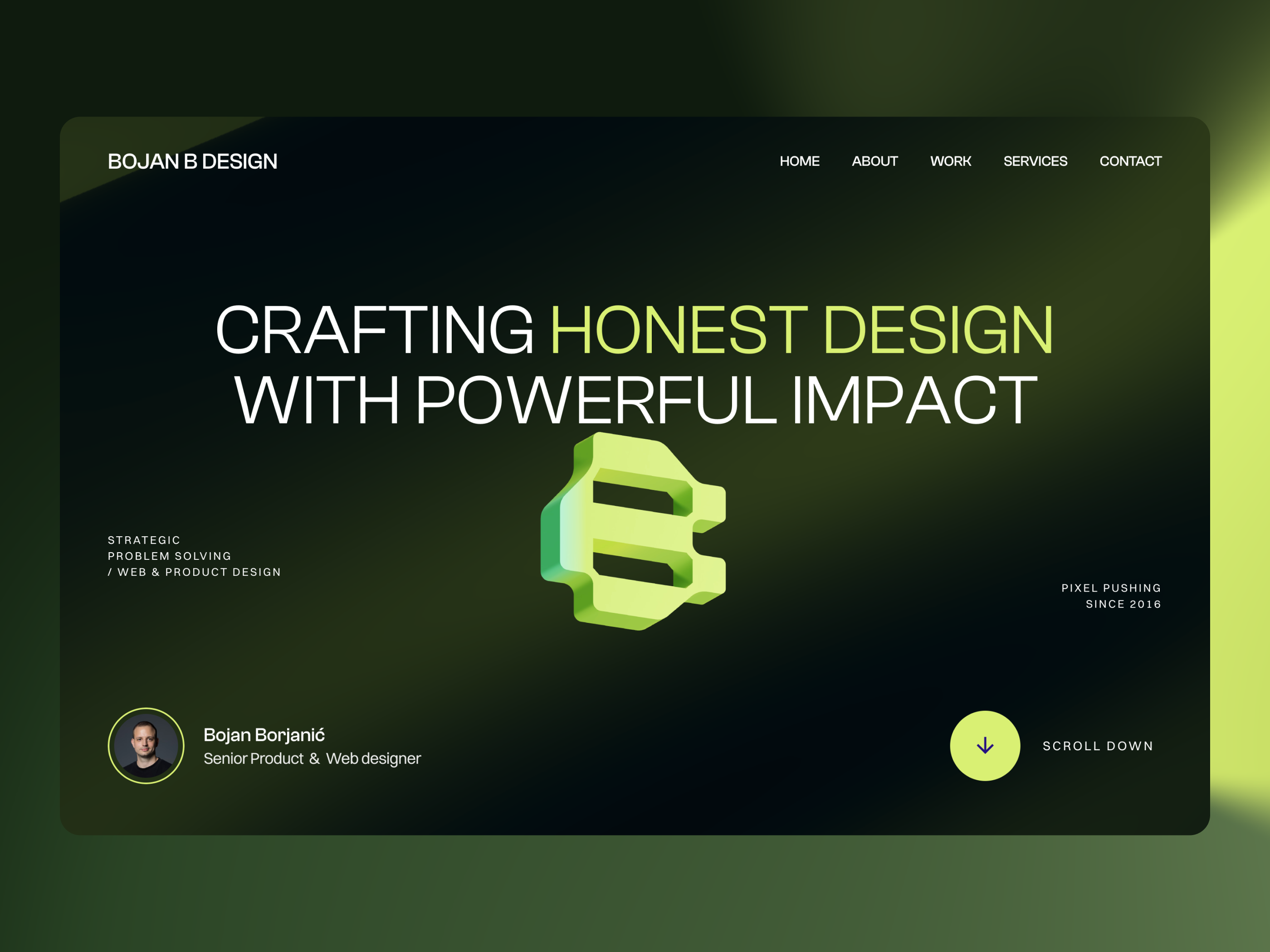 Designer Portfolio Website 3d bojan design designer desktop figma framer gradient green hero portfolio spline website