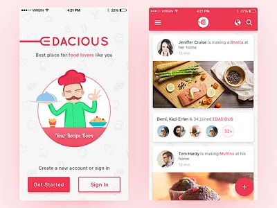 Edacious app design app feed food get started interaction design launch screen material design menu news ui ux