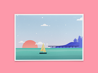 On the Lake boat horizon illustration jetty lake landscape print sunset yacht