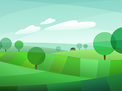 Landscape clouds geometric illustration landscape sky trees village