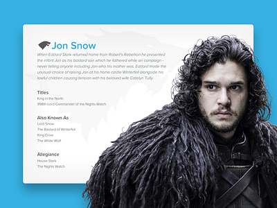 Daily UI Challenge Day 045 - Info Card 045 character daily ui daily ui challenge day 045 game of thrones info card jon snow porfile uiux user interface web design