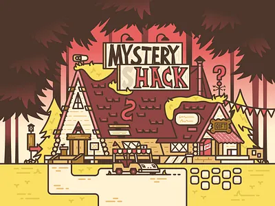 Come on down to the Mystery Shack! golf cart gravity falls shop stroke sunset trees vector