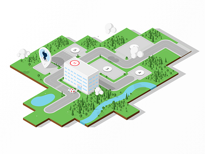 Isometric Hospital Campus app blocks clouds details flat hospital ios isometric ortogonal tree