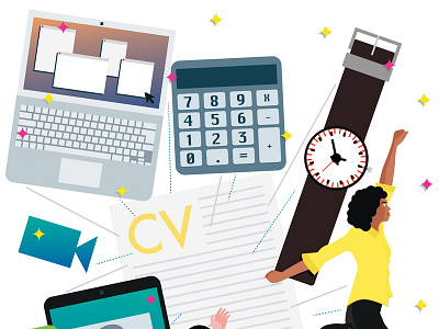 'Make your CV stand out' 2/2 for HR Magazine cv editorial explode ideas illustration job jump laptop lightbulb people search time