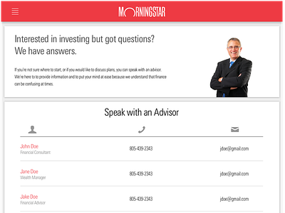 Morningstar Dashboard: Ask An Advisor morningstar sketch ui ux web wireframe