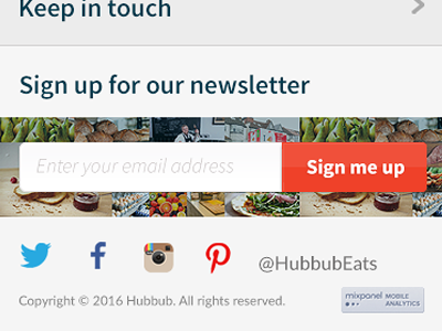 Mobile footer footer grey newsletter sign up red social links