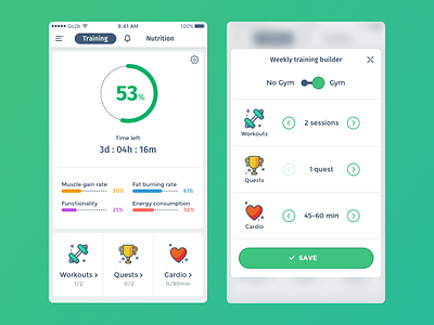 Training start and settings screens fitness fitness app health health app ios iphone settings sketchapp training ui workout