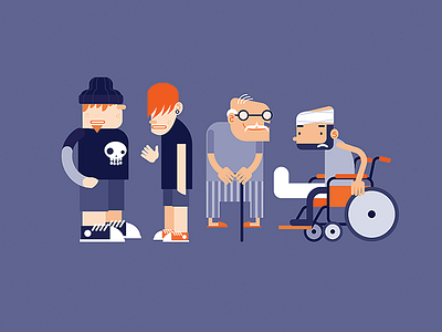Character dump beanie cane glasses hurt old man plaster skull sneakers teens wheelchair