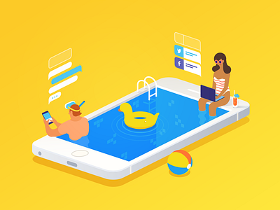 Always Online 3d characters hero iphone isometric mobile pool social summer vector