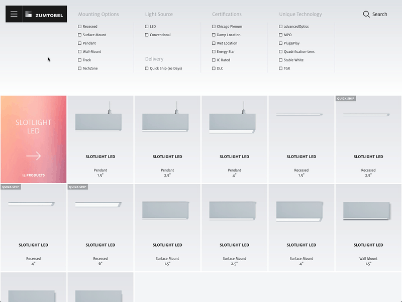 Zumtobel Products Grid interactive light overlays product grid product page zumtobel