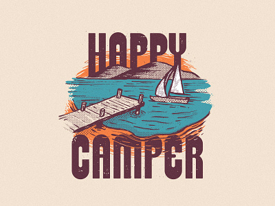 Happy Camper boat camp dock drawing halftone mountains sailboat sailing texture vintage water