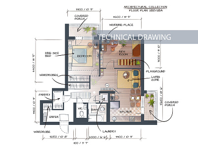 Two Bedrooms Dribble apartment architectural design floor plan hand drawn illustration interior plan rendering sketch technical drawing vector