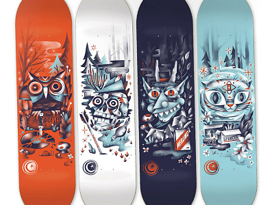 Foundation Woodwraith Skateboard Decks bird blue cat demon devil forest illustration owl red skull troll woods