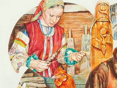 Girl with distaff illustrations pencils